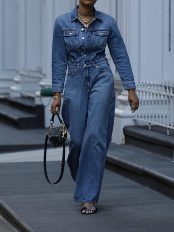 Long Sleeve Wide Leg Denim Jumpsuit