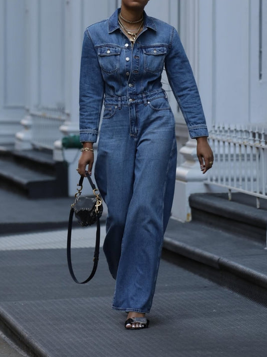 Long Sleeve Wide Leg Denim Jumpsuit