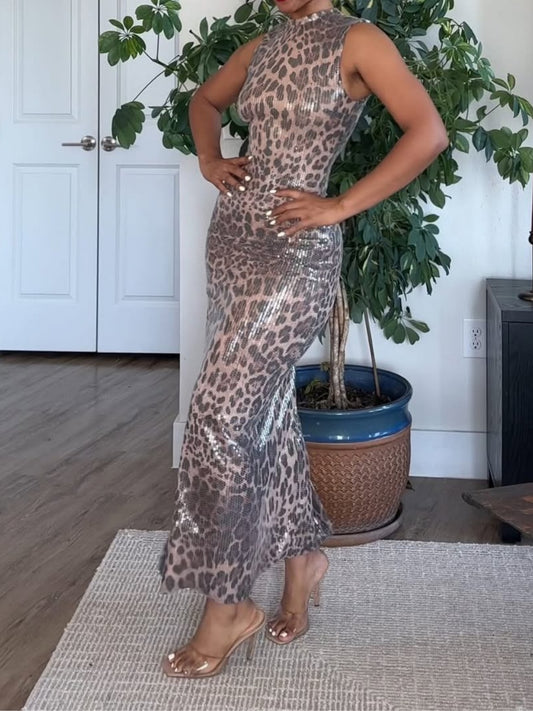 Leopard Print Sequin Midi Dress
