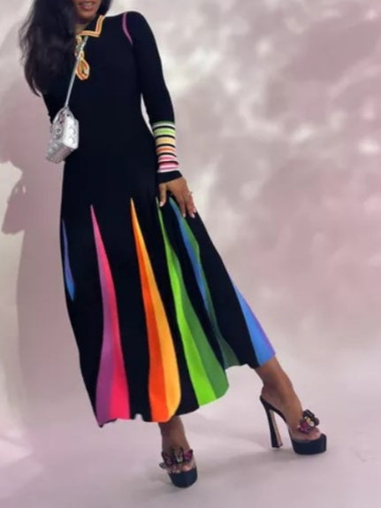 Pleated Striped Knit Maxi Dress