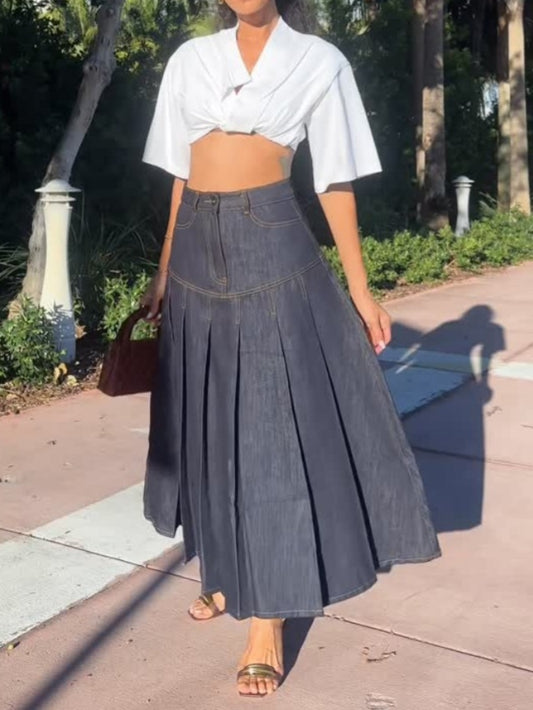 Pleated Denim Skirt