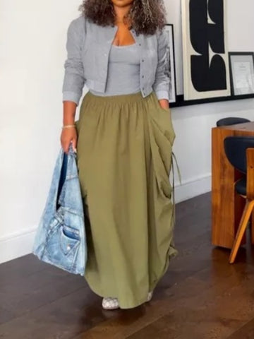 Drawstring Large Pocket Bohemian Loose Midi Skirt