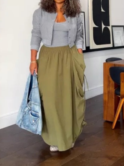Drawstring Large Pocket Bohemian Loose Midi Skirt