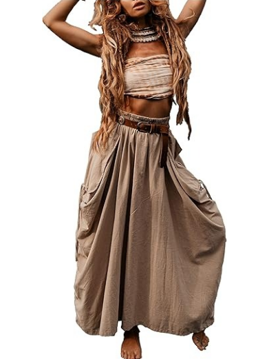 Drawstring Large Pocket Bohemian Loose Midi Skirt