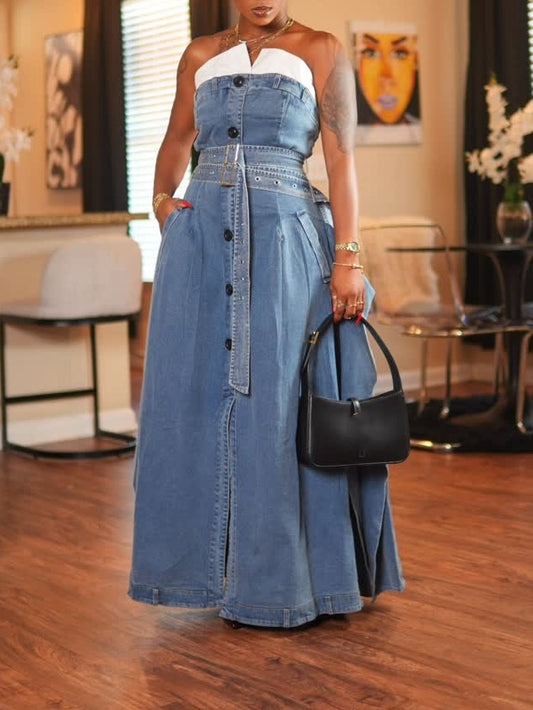 Strapless Pleated Panels Denim Dress