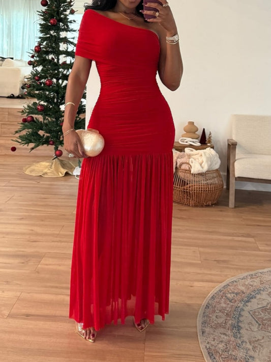 Elegant One Shoulder Sleeveless Ruched Bodycon Maxi Dress