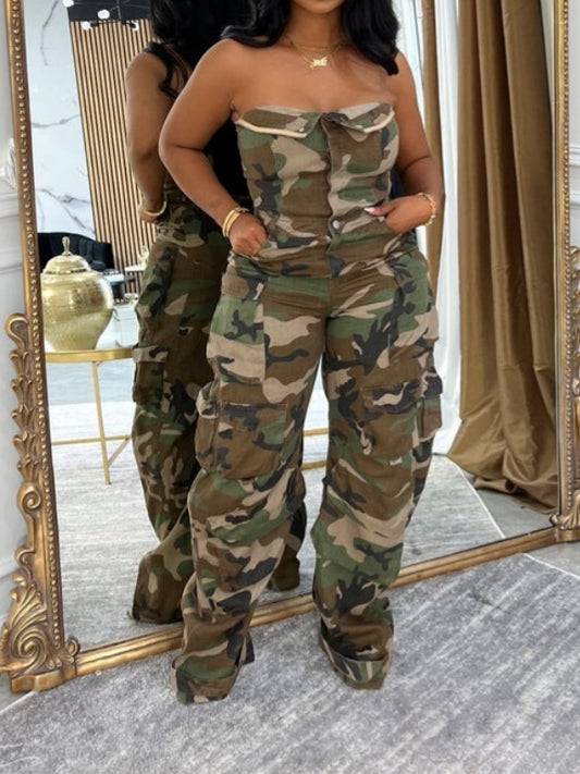 Sleeveless Camouflage Cargo Jumpsuit