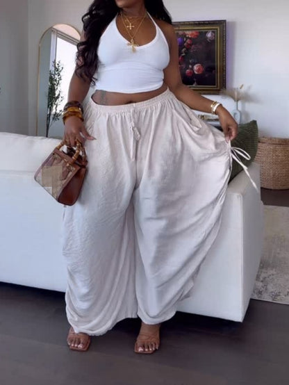 Tie-Waist Wide Leg Baggy Pants With Big Pockets