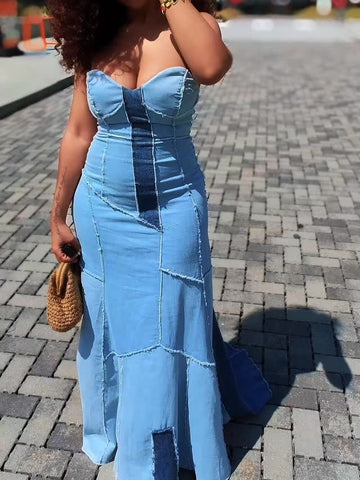 Strapless Patchwork Denim Maxi Dress