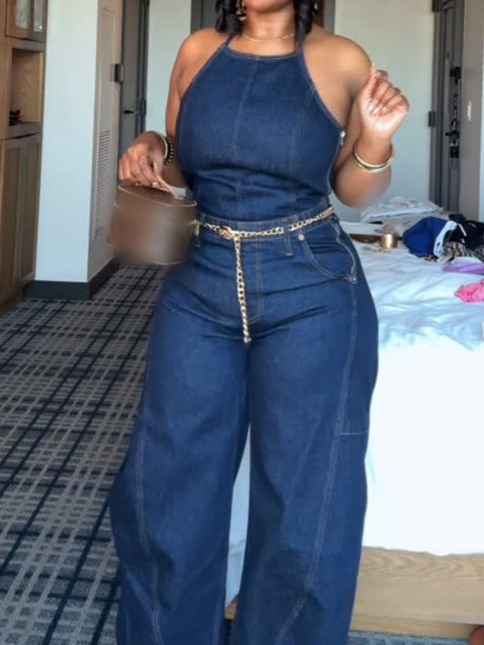 Women's Halter Barrel Denim Jumpsuit