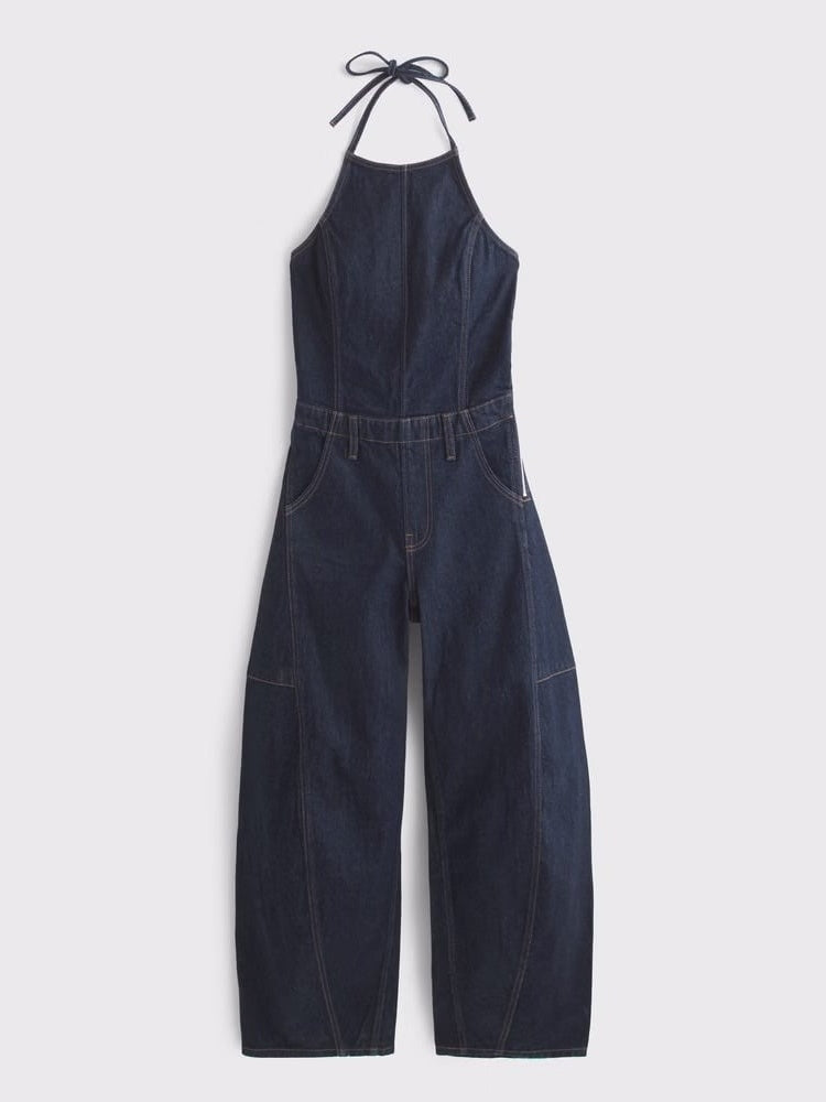 Women's Halter Barrel Denim Jumpsuit