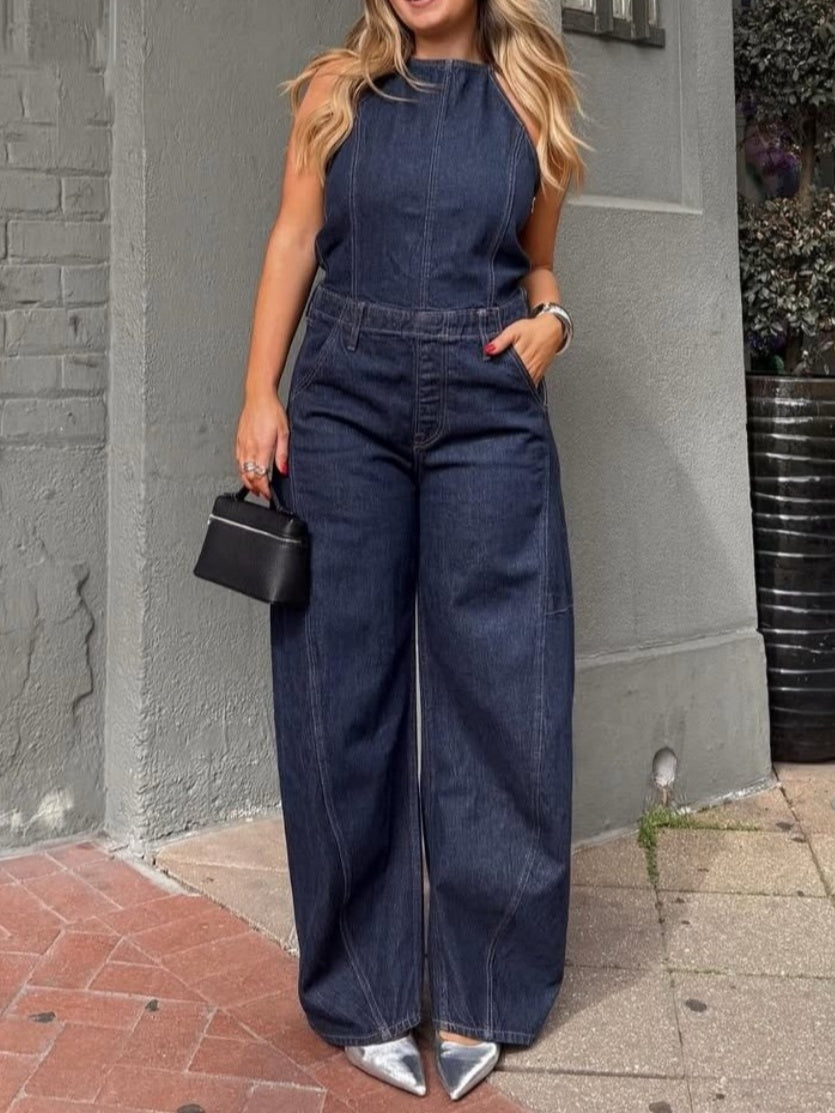 Women's Halter Barrel Denim Jumpsuit