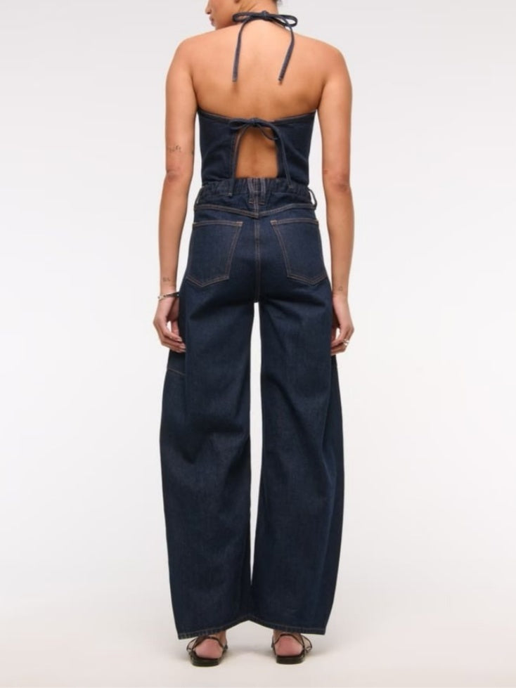 Women's Halter Barrel Denim Jumpsuit