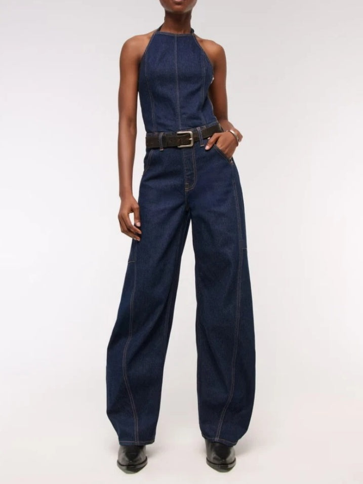 Women's Halter Barrel Denim Jumpsuit