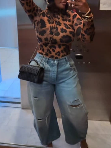 Leopard Print Turtleneck Top