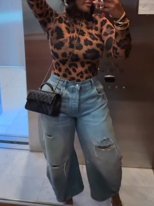 Leopard Print Turtleneck Top
