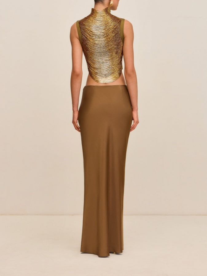 Sleeveless High-Neck Fringe Top With Silk Skirt Set