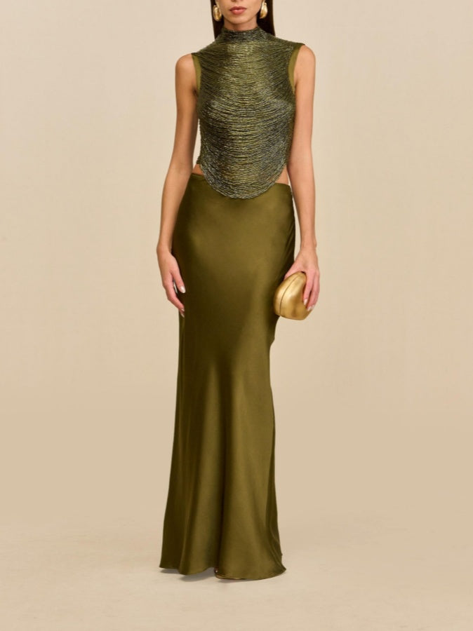 Sleeveless High-Neck Fringe Top With Silk Skirt Set