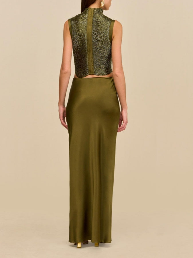 Sleeveless High-Neck Fringe Top With Silk Skirt Set