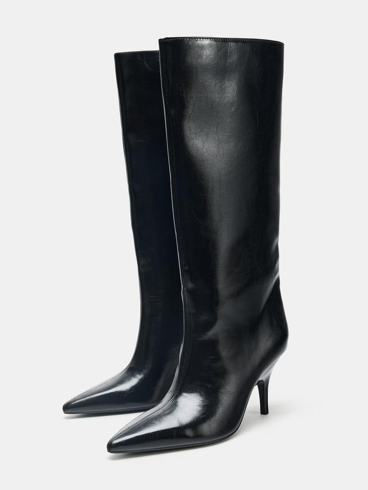 Pointed Toe Kitten Heel High Boots