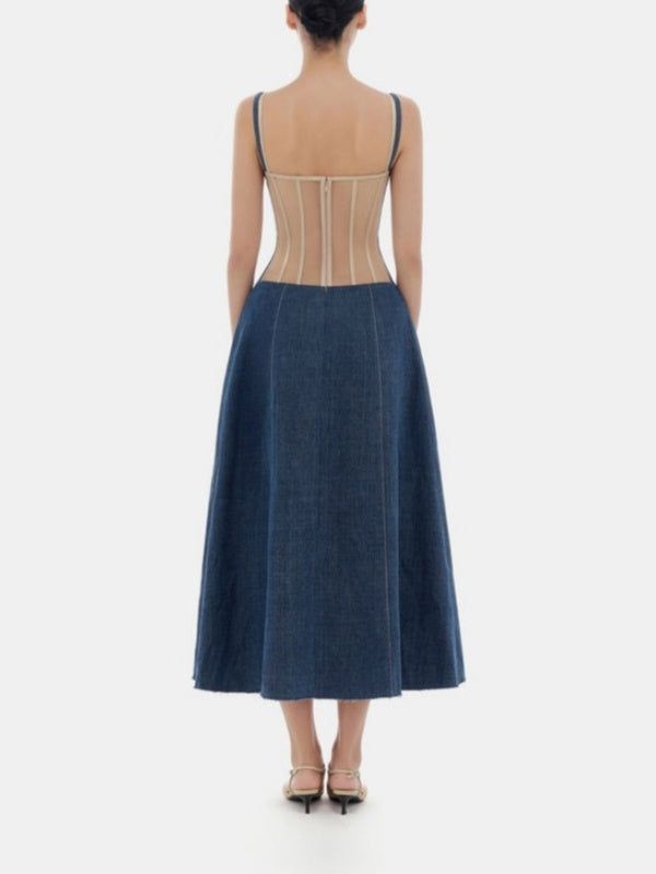 Corset-paneled Denim Midi Dress