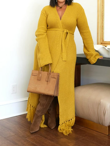 Knitted Fringed Hem Cardigan Dress