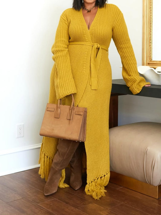 Knitted Fringed Hem Cardigan Dress