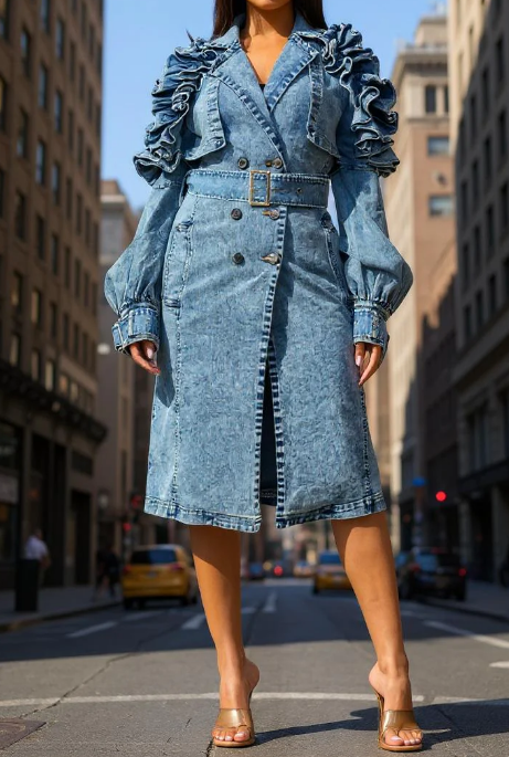 Chic Ruffled Denim Coat