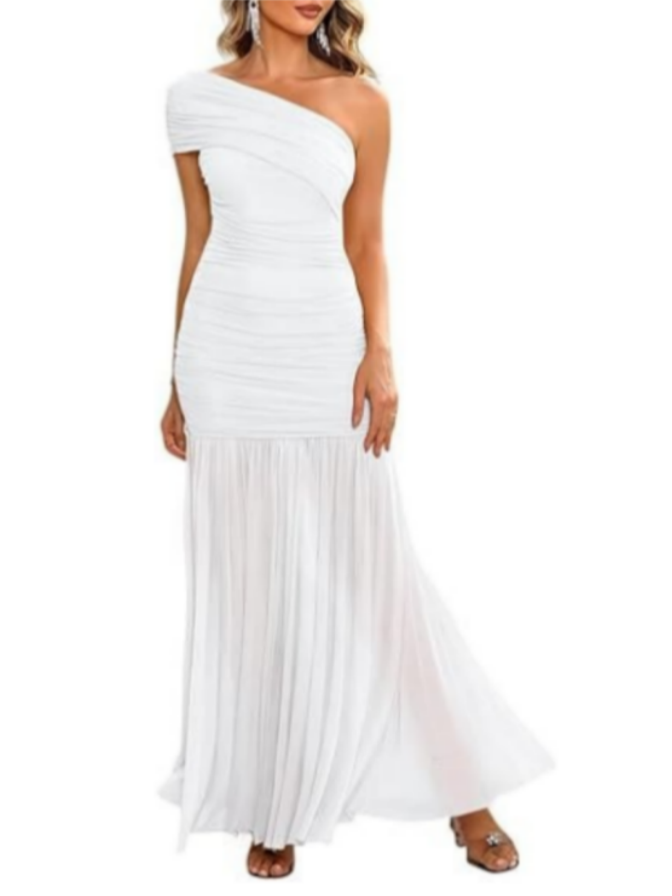 Elegant One Shoulder Sleeveless Ruched Bodycon Maxi Dress