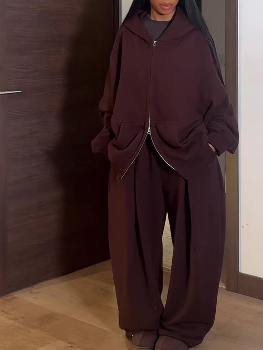 Hooded Sweatshirt Cardigan And Pants Set