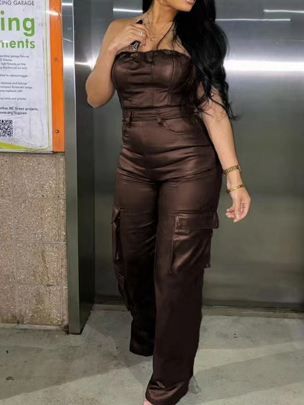 Sexy Off-the-shoulder PU Jumpsuit