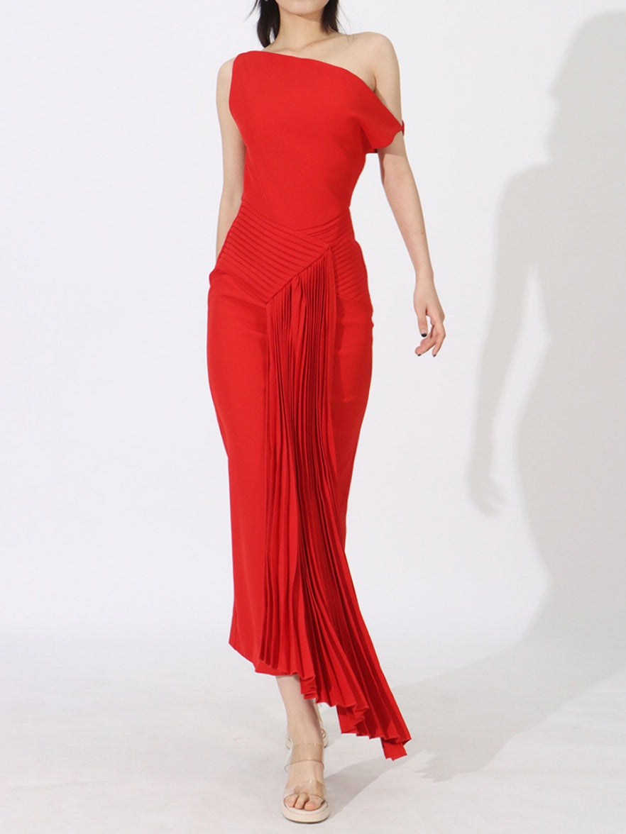 Off The Shoulder Asymmetric Pleated Dress