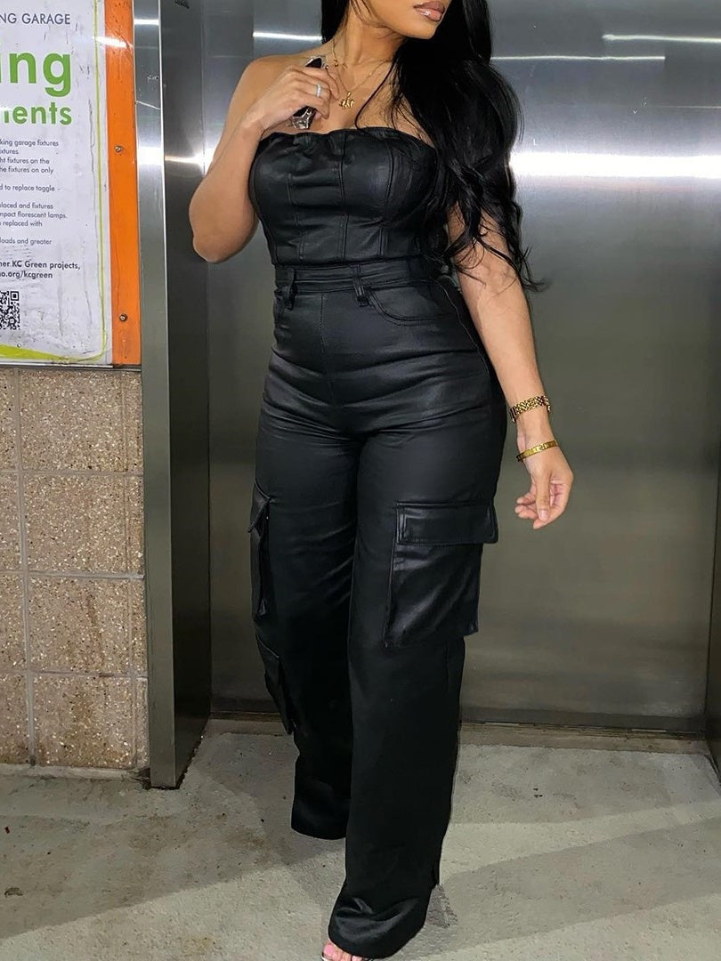 Sexy Off-the-shoulder PU Jumpsuit