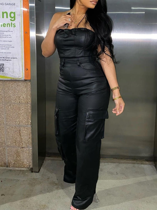 Sexy Off-the-shoulder PU Jumpsuit