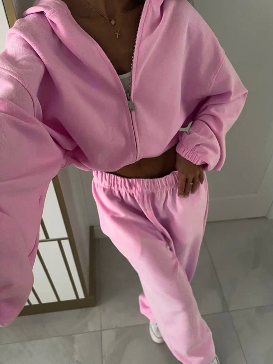 Zipper Hoodie And Cuffed Pants Set