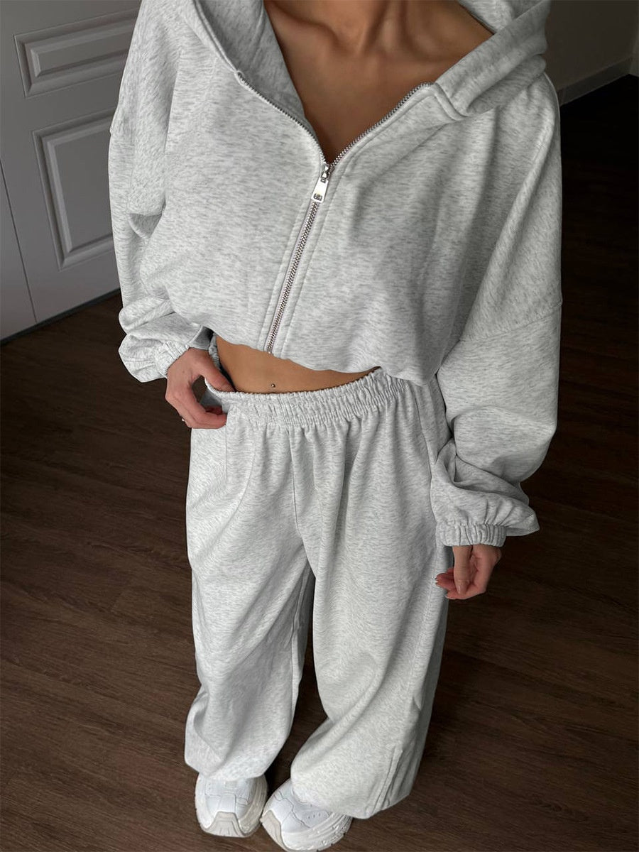 Zipper Hoodie And Cuffed Pants Set