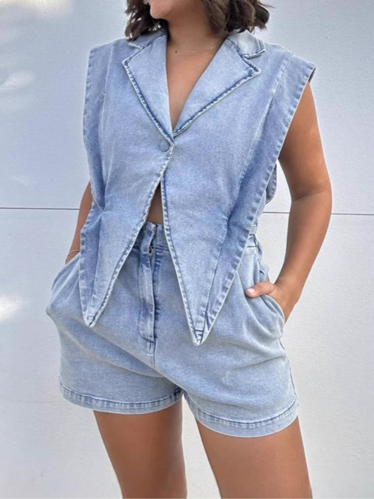 Denim Lapel Jumpsuit Shorts