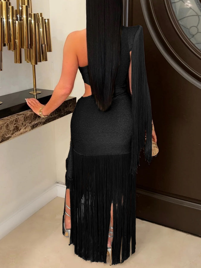 One-shoulder Asymmetrical Fringe Maxi Dress