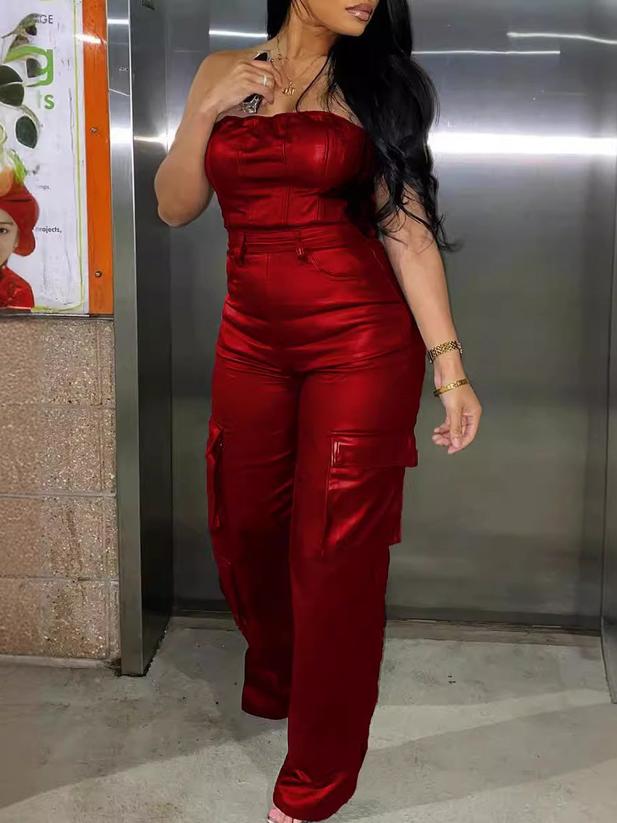 Sexy Off-the-shoulder PU Jumpsuit
