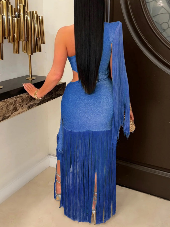 One-shoulder Asymmetrical Fringe Maxi Dress