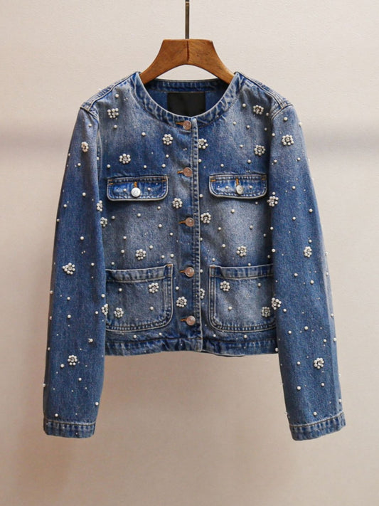 Floral Beaded Cropped Denim Jacket