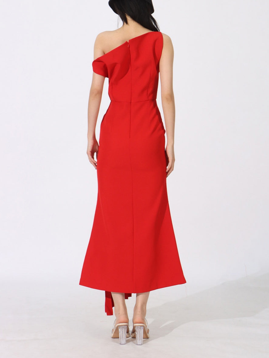 Off The Shoulder Asymmetric Pleated Dress