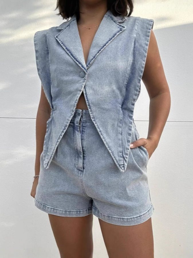 Denim Lapel Jumpsuit Shorts