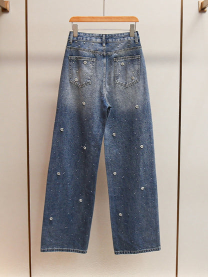 Floral Beaded Straight-Leg Jeans
