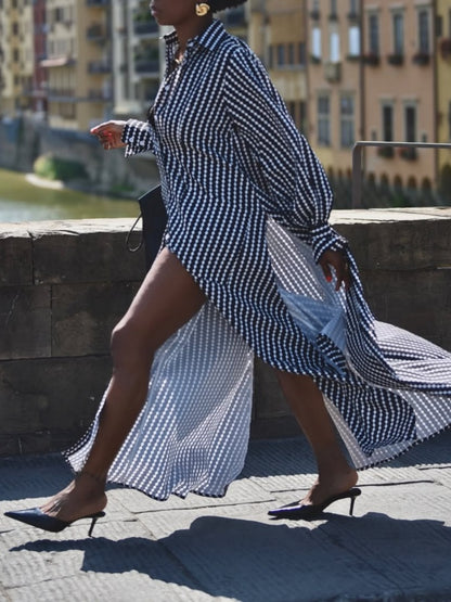 Diamond Striped Shirt Slit Maxi Dress