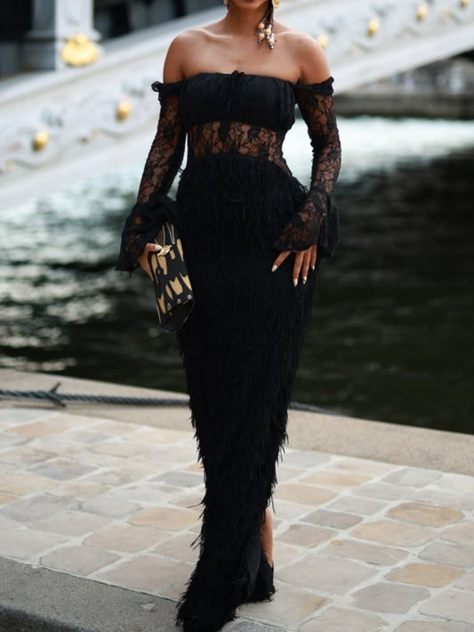 Off The Shoulder Lace Patchwork Gown Dress