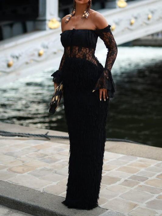 Off The Shoulder Lace Patchwork Gown Dress