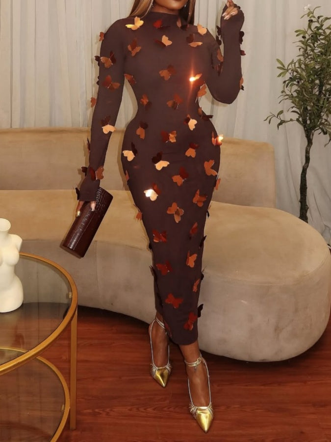 Mesh Butterfly Patch Slim Midi Dress