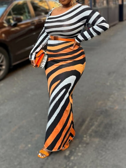 Asymmetric Striped Knitted Maxi Dress