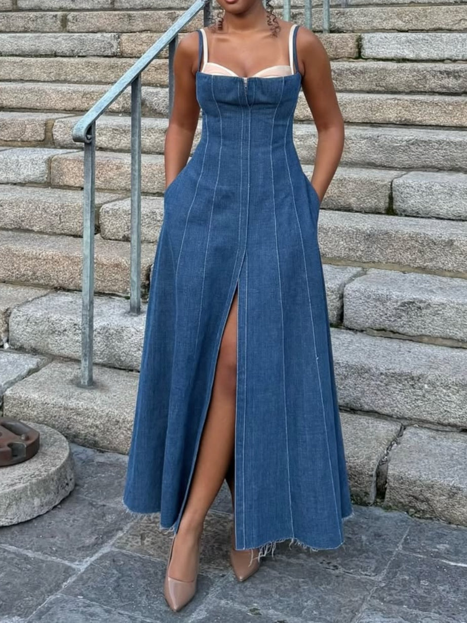 Corset-paneled Denim Midi Dress